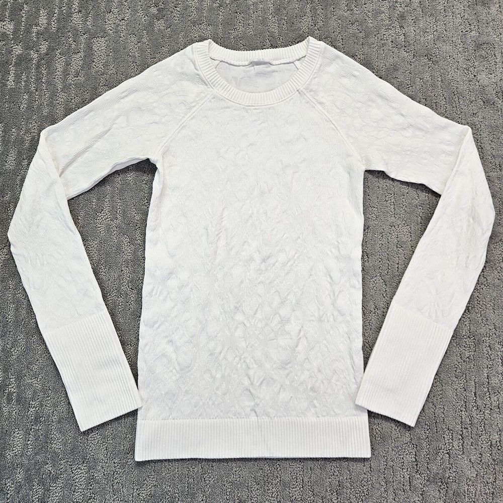 Lululemon‎ Rest Less Pullover White Long Sleeve Thumb Holes Textured Sz. 0 White